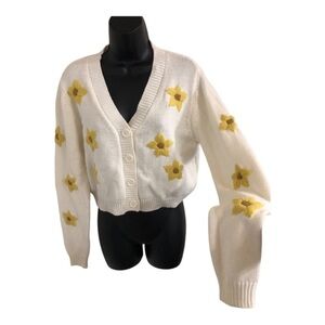 Jessica Simpson embroidered crochet yellow sunflower offwhite cardigan sz M new